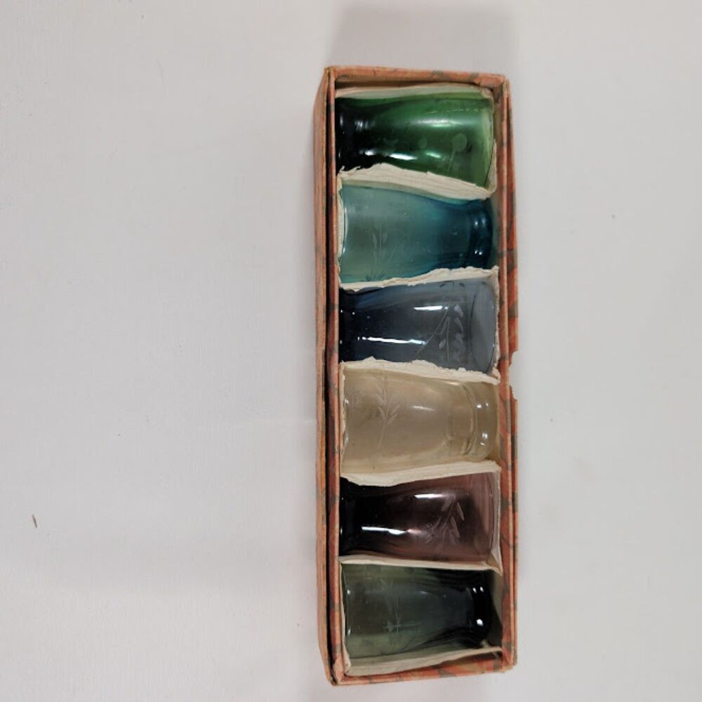 Vintage Set of 6 Colored Etched Cordial Liqueur Glasses 1-1.5 oz Korea